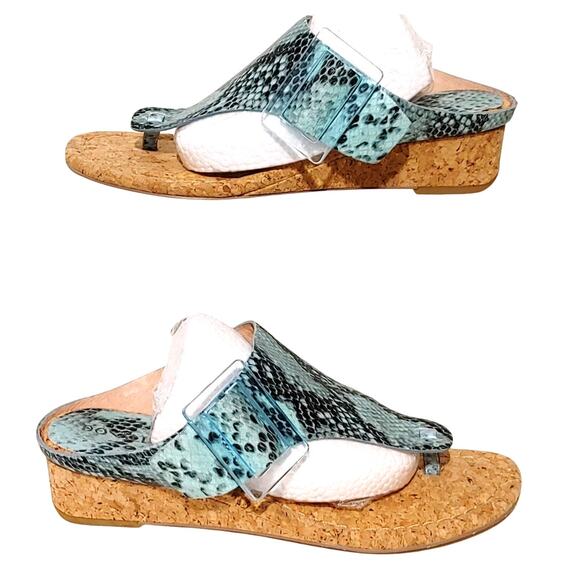 Donald J Pliner Oltina Buckled Wedge Thong Sandals Snake Print Blue Womens 6.5M - Picture 2 of 7
